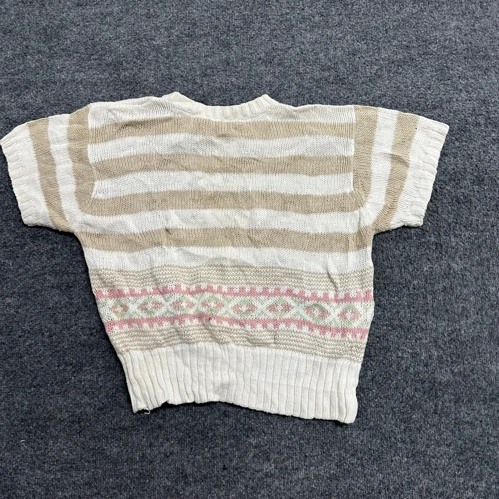 Lizsport Sweater Womens Large Cream Tan Striped Fair Isle Short Sleeve Ramie
